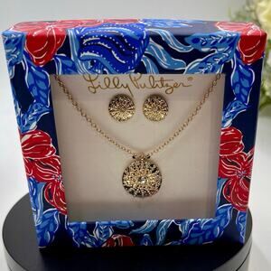 Lilly Pulitzer Boxed Gold Tone Earring and Necklace Set in Lowtide Navy Box New